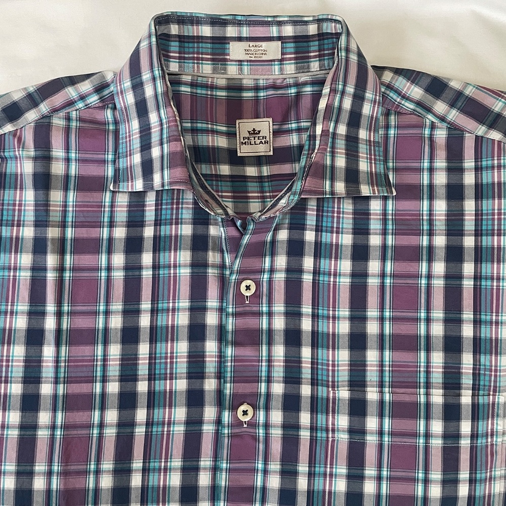 Peter Millar Large Purple Blue White Plaid Button Down Shirt Seaside